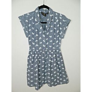 Derek Heart Dress Size Medium Blue Chambry Dog Printed Short Sleeve Button Front